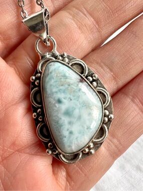 925 Caribbean Larimar Organic Shaped Pendant Necklace
